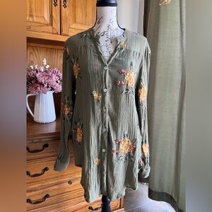 Fig and Flower Olive Green Embroidered Button-Up Long Sleeve Blouse Tunic